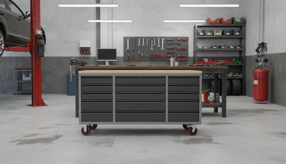 ReadyRack workshop storage system with bench, cabinets and tool drawers