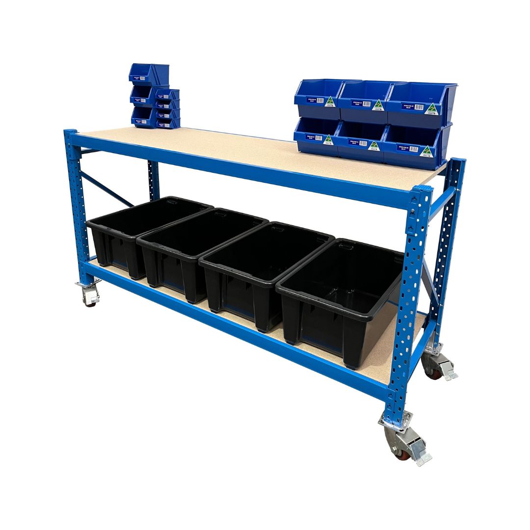 ReadyRack Mobile Longspan Workbench with bottom shelf and castors