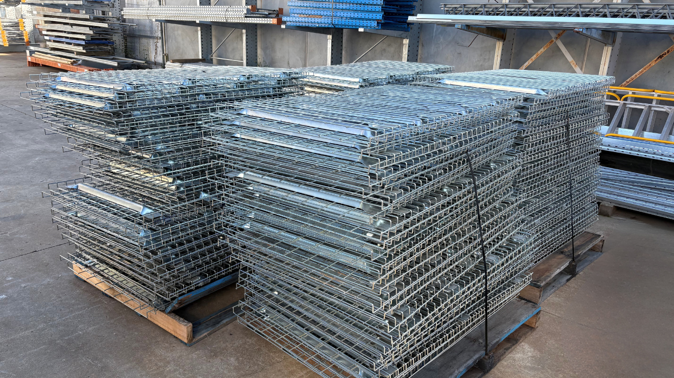 Bulk pallet racking mesh decks in industrial warehouse ready for installation, galvanised wire mesh shelving for safe warehouse storage solutions