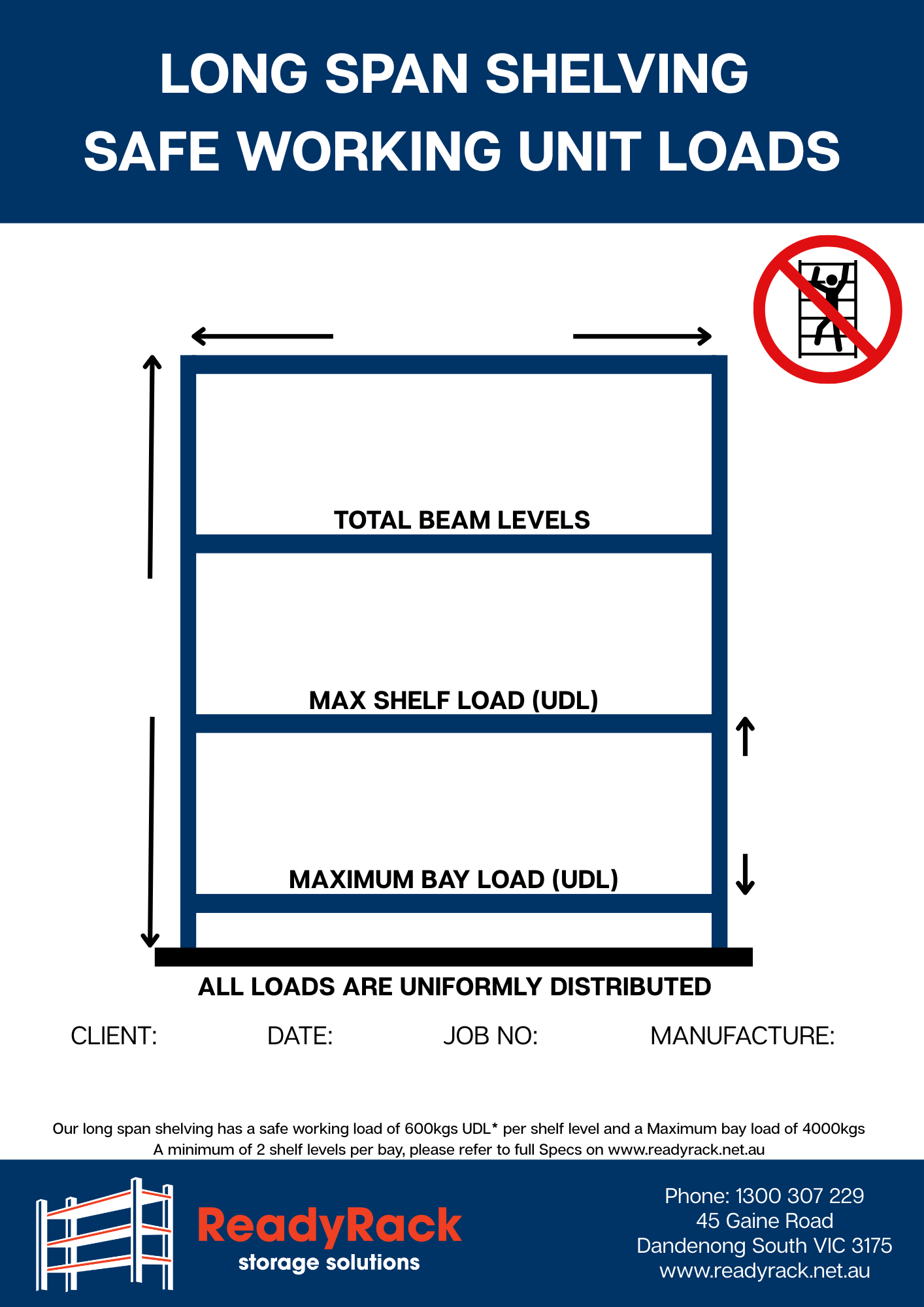 SWL Safe Work Load Sign for Longspan Shelving