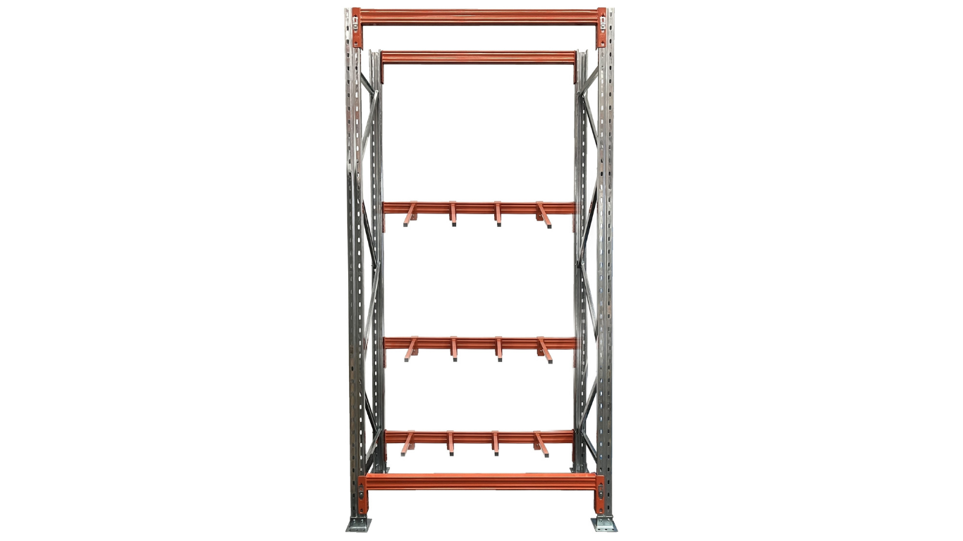 Vertical racking starter bay 3658mm high x 840mm deep heavy duty upright storage system for long length products on white background