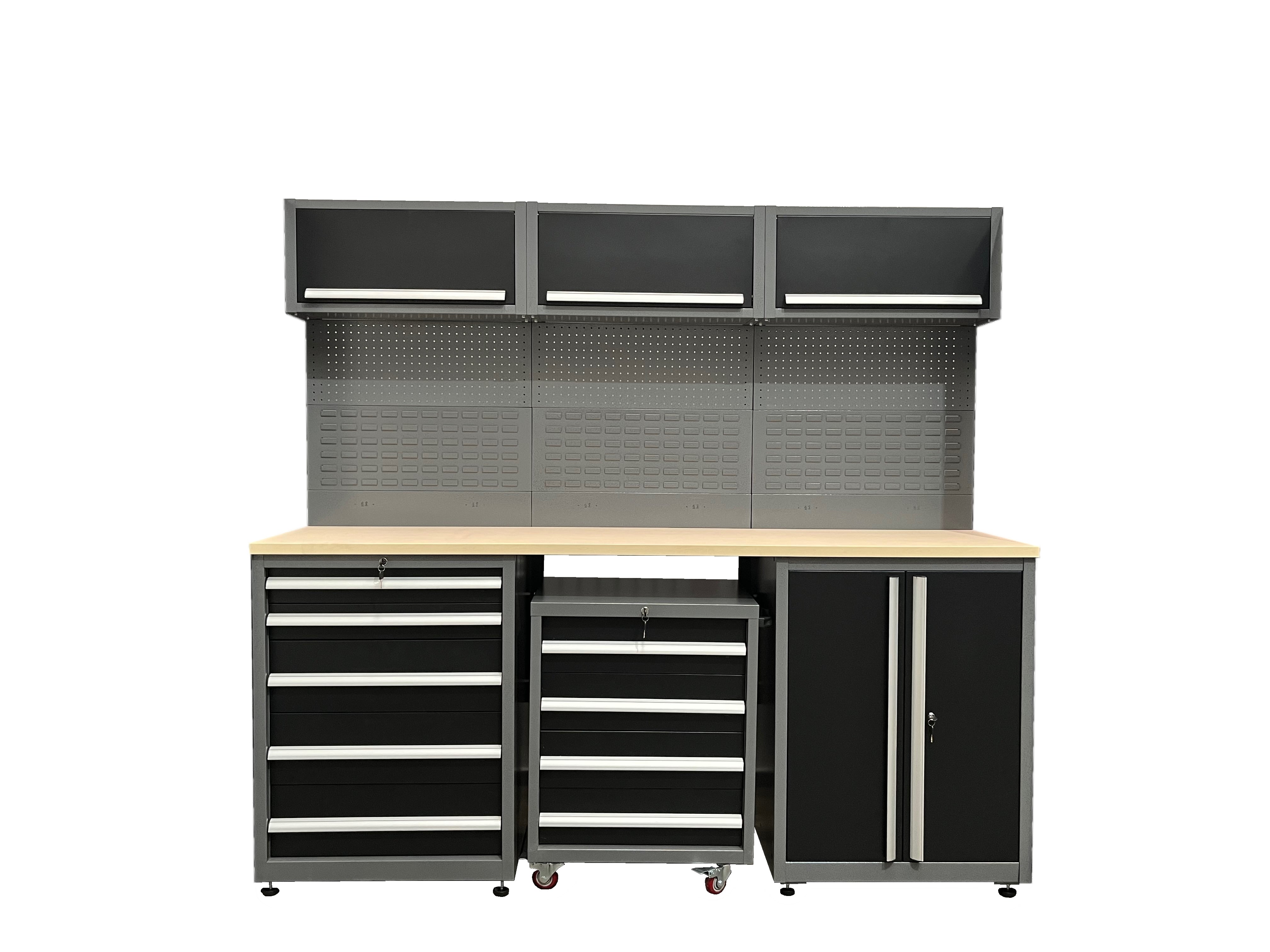 Modular garage storage system with workbench, and shelves on a white background with no side cabinets