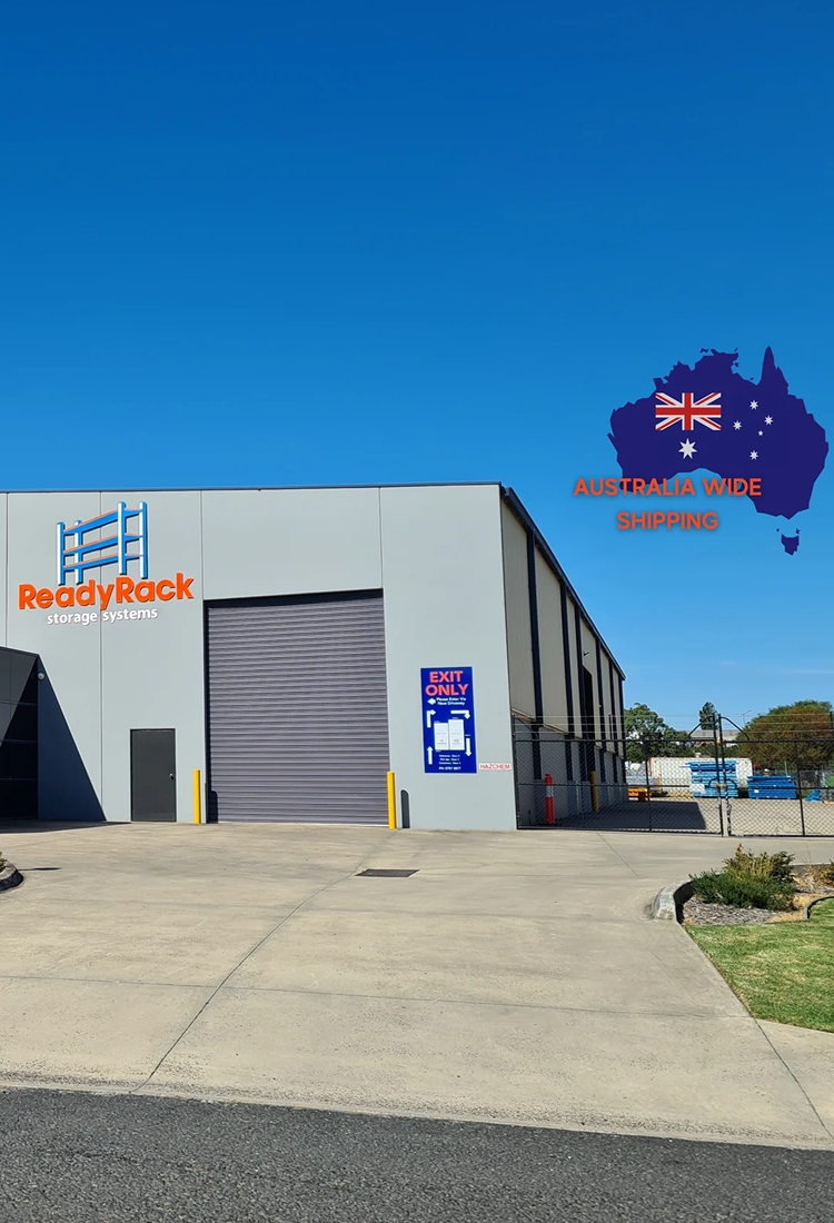 ReadyRack warehouse with 'Australia Wide Shipping' logo on a clear blue sky background