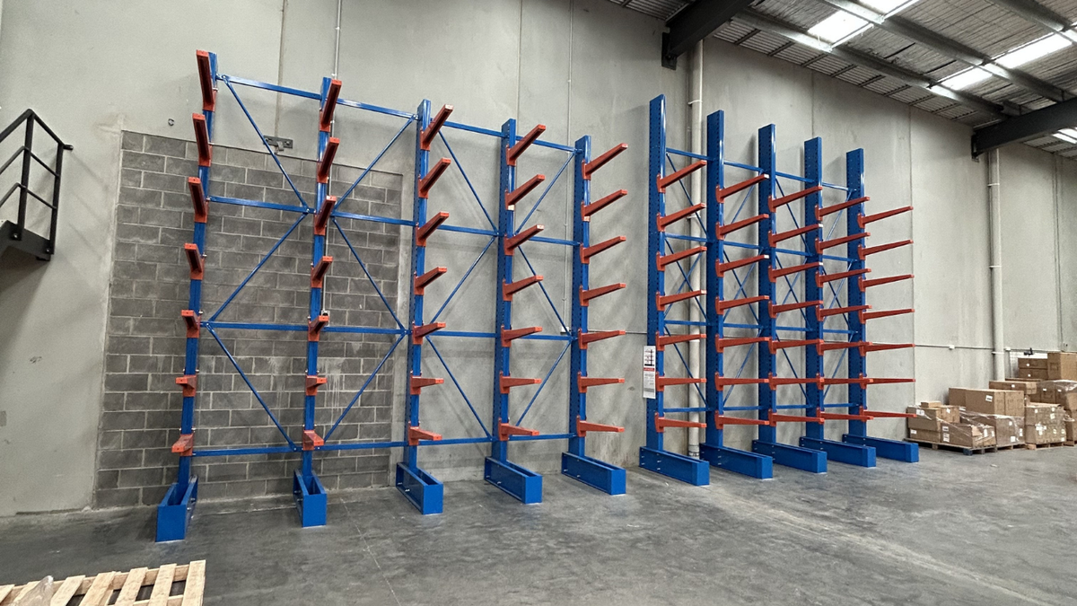 Cantilever Racking in a warehouse with boxes and pallets