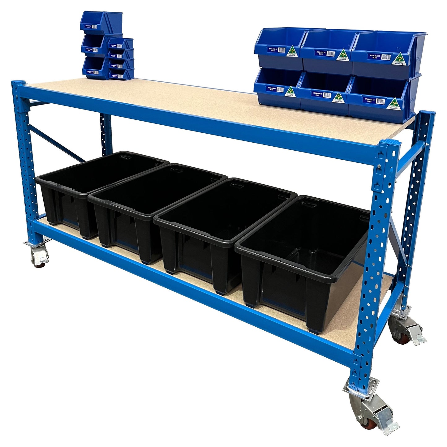 ReadyRack Mobile Longspan Workbench with bottom shelf and castors