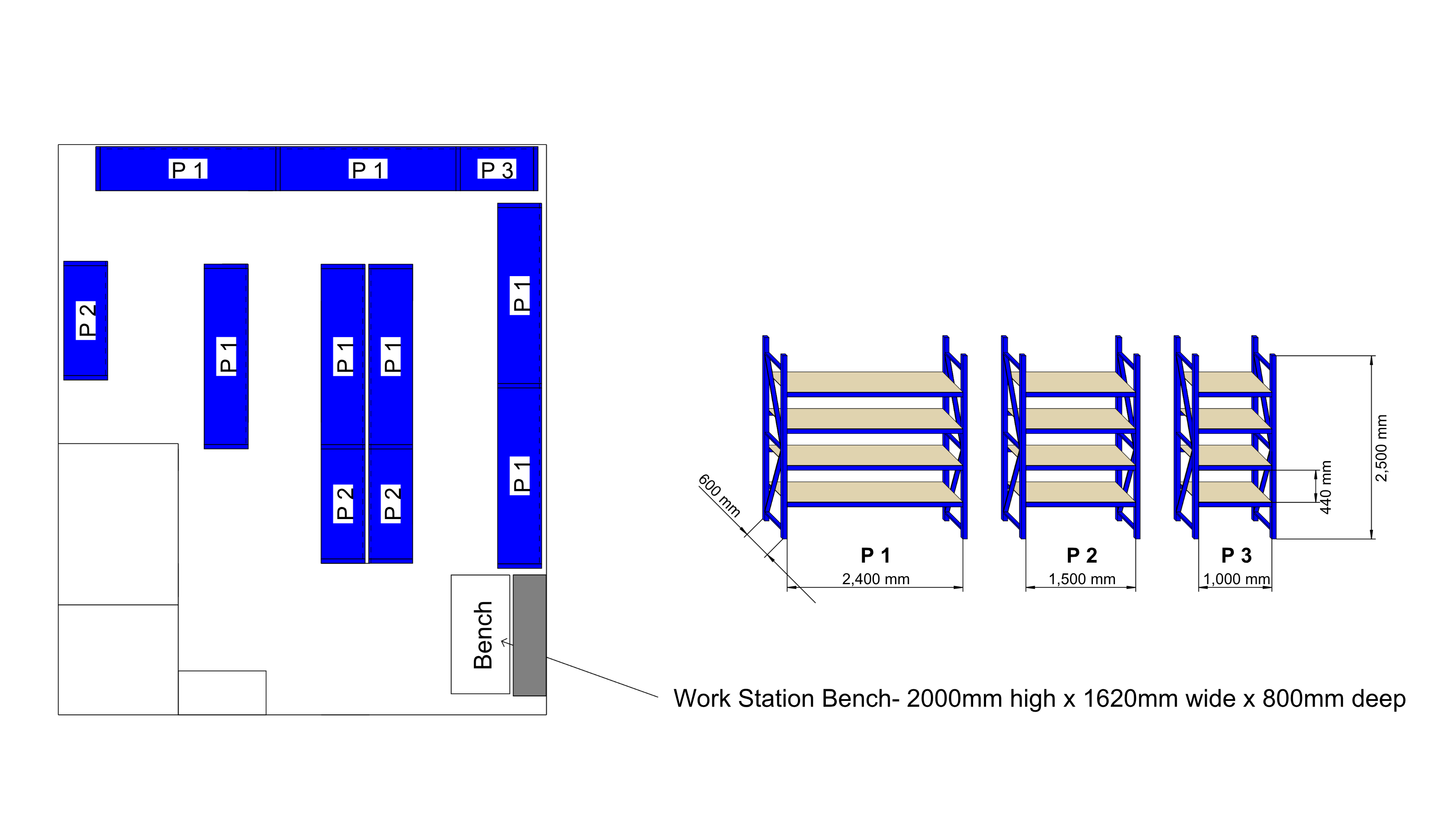 longspan shelving layout plan showing 2500mm shelving bays and 2000mm workstation bench configuration