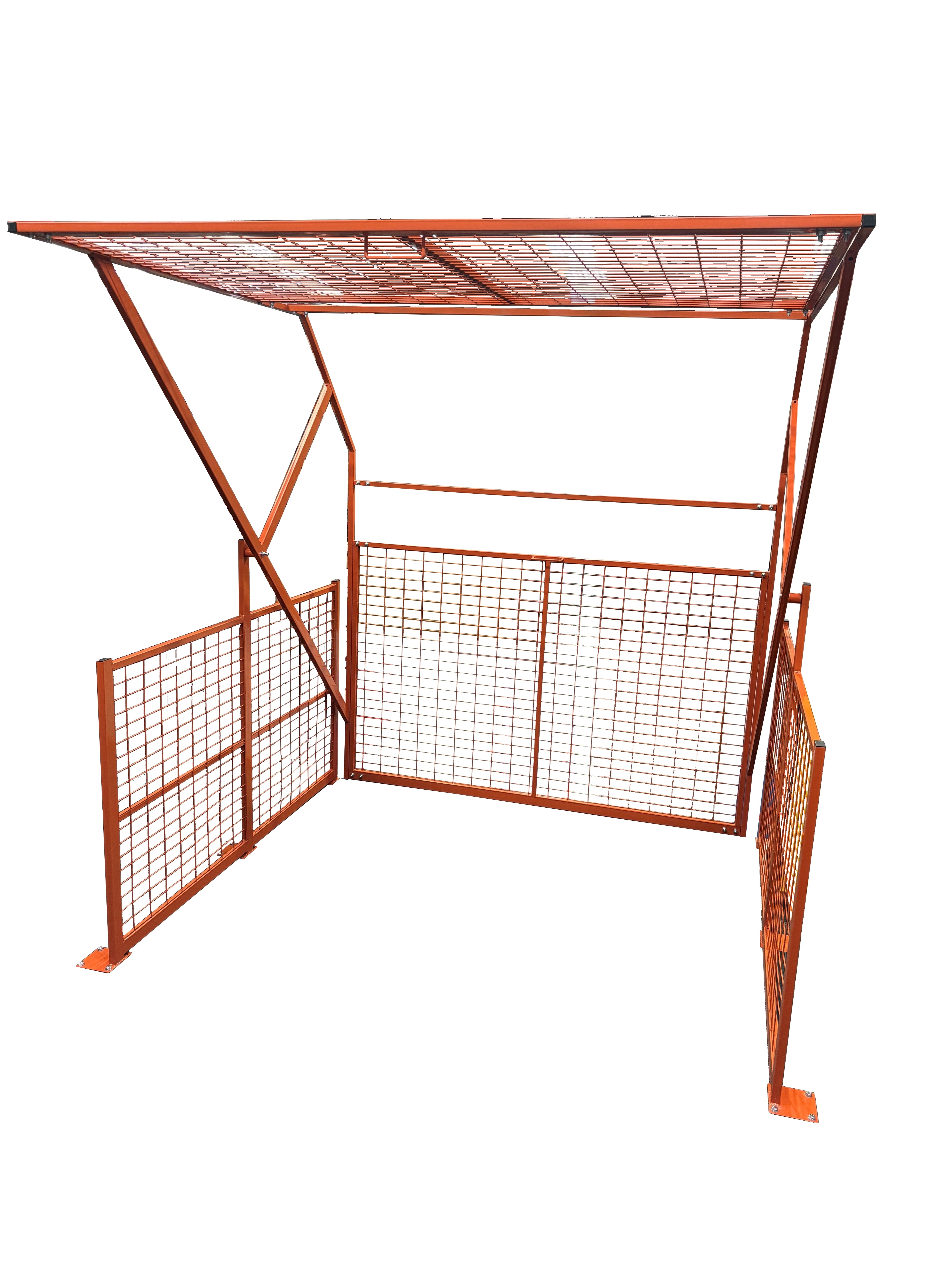 Orange metal mesh Roll Over Gate enclosure on a white background for a mezzanine floor