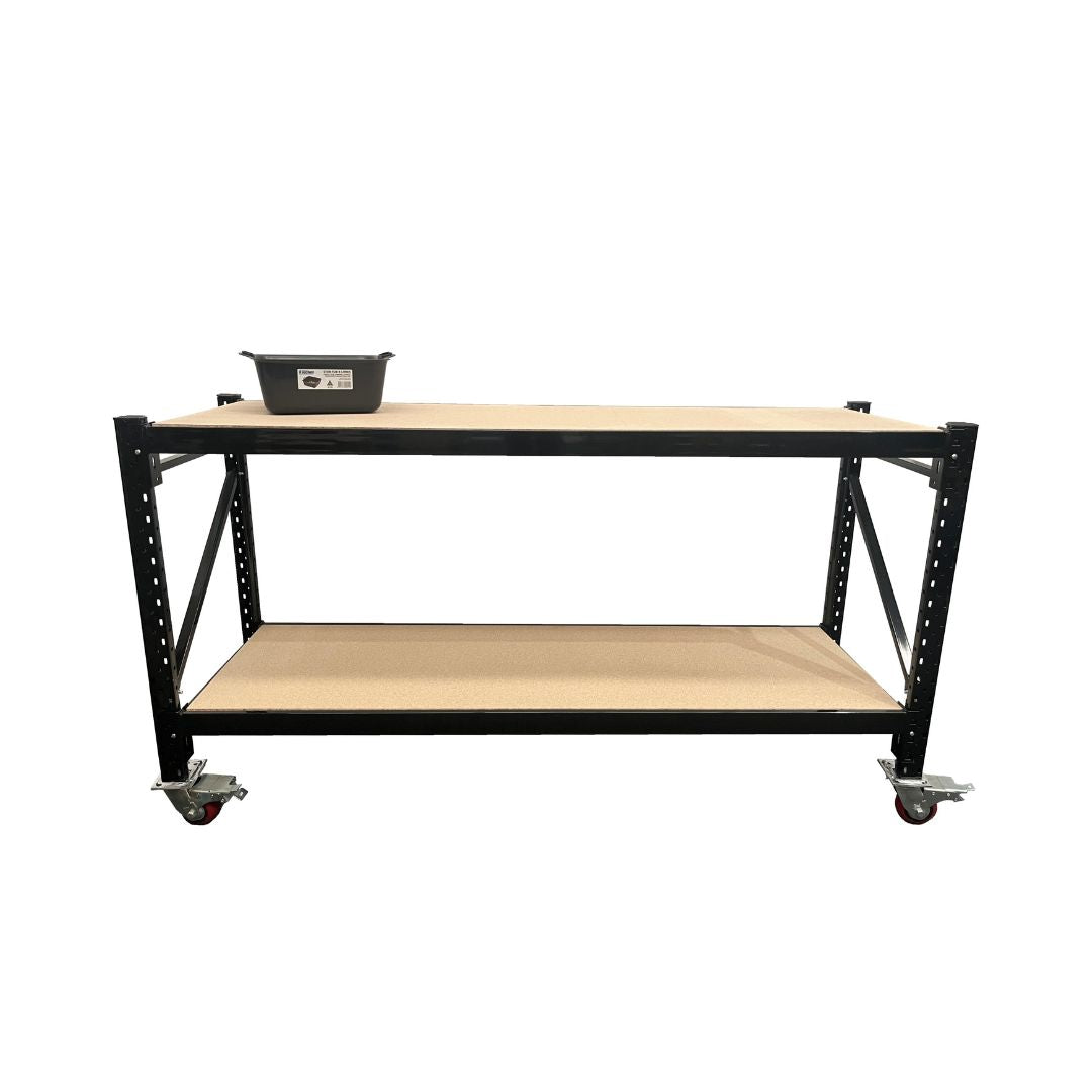 Black Longspan Workbench with bottom shelf and castors