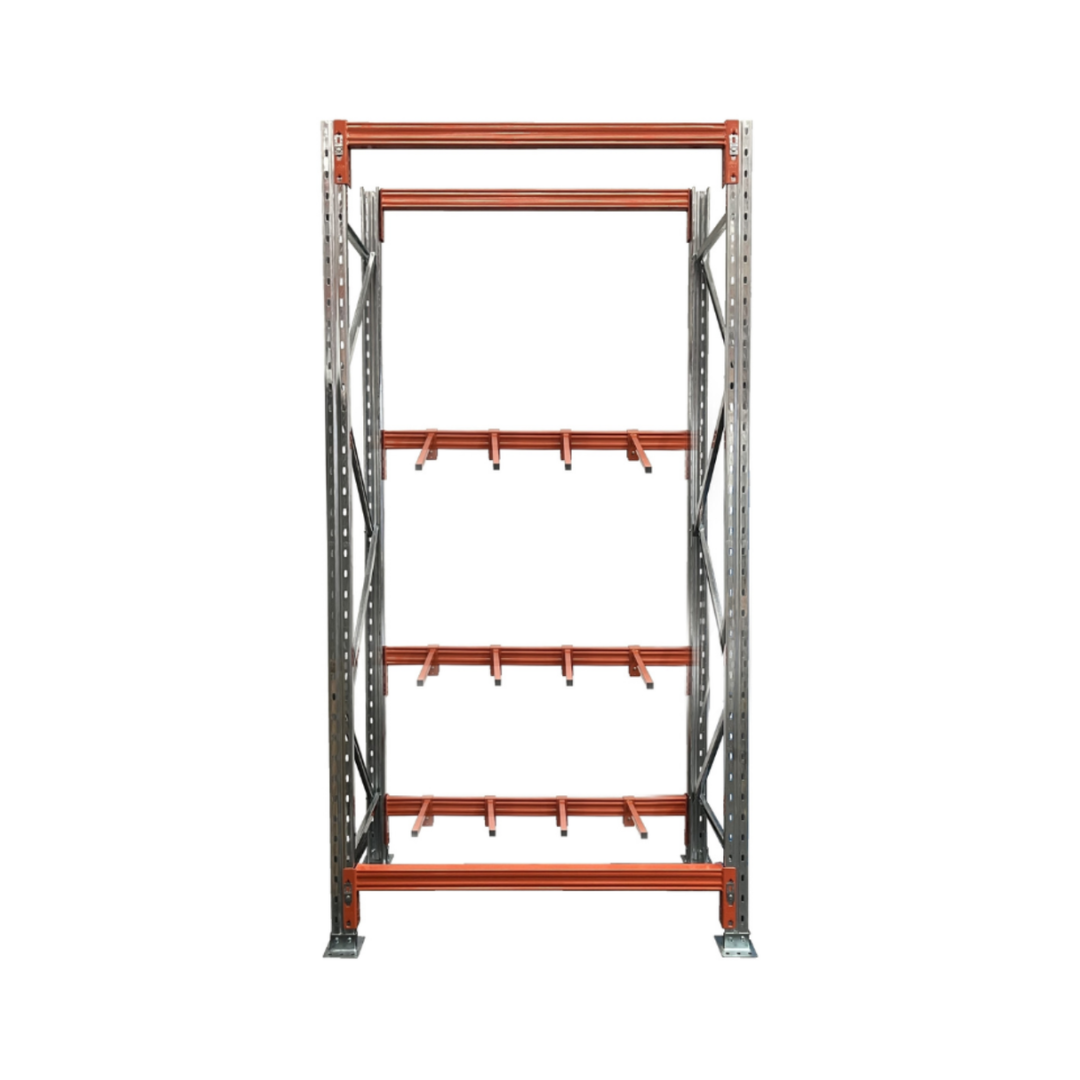 Vertical racking 3 space starter bay 3658mm high x 840mm deep heavy duty upright storage system for long length products on white background